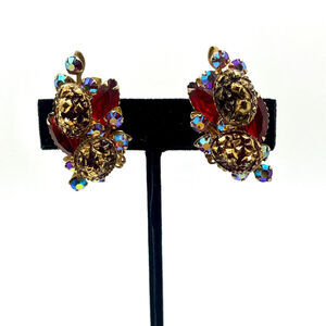 vintage aurora borealis rhinestone cluster clip earrings.signed BEAUJEWELS